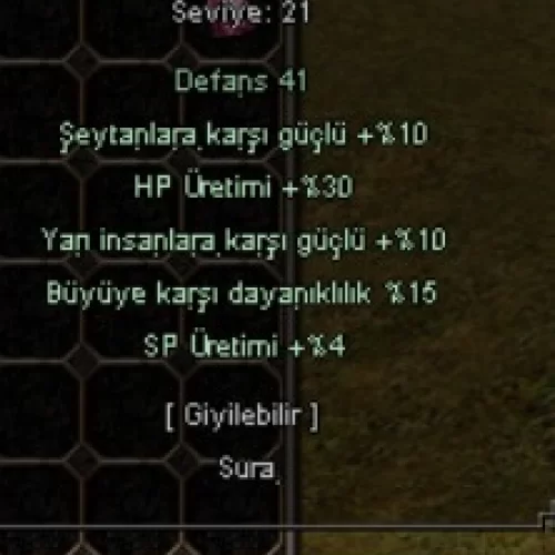  10 YARI 15 BÜYÜ 10 ŞEYTAN 30 HP ÜRETİMİ 4 SP 5 EFSUN +6 ALAYCI KASK